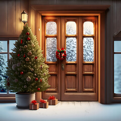 Fototapeta na wymiar House door decorated with Christmas symbols, Generative Ai