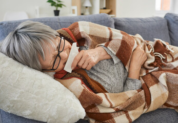 Close up portrait of senior sick woman lying on sofa at home wrapped in a blanket and suffering from runny nose. Elderly female person with seasonal flu feeling unhealthy with influenza. - obrazy, fototapety, plakaty