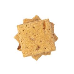 Several square crackers. Carbohydrate snack. Isolated on white background.