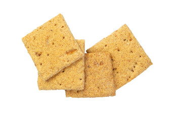 Several square crackers. Carbohydrate snack. Isolated on white background.