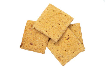 Several square crackers. Carbohydrate snack. Isolated on white background.