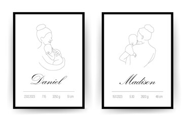 Fototapeta premium Newborn metric. Baby Shower poster with name, date of birth, weight and height. Mother and child in linear style. One line art. Minimalistic vector illustration.