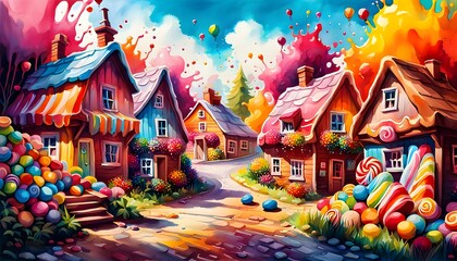 Quant floating country village made of candy sugar crane and chocolate in the morning light. Generative AI