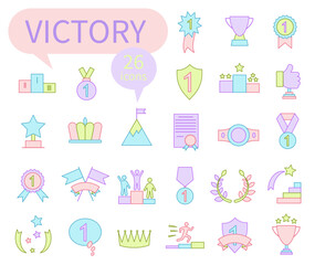 Award icons. Winner's medal. Victory Cup and trophy prize. Achievements, linear icon set. Bright vector icons.