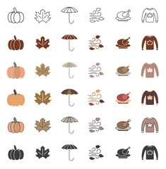 Autumn bright icons. Set of autumn icons in different styles. Autumn time. Set of autumn icons. Vector illustration.