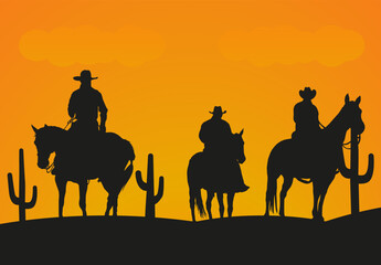 Silhouette of cowboys on horseback at sunset. Cowboy style. Sunset in the wild west.