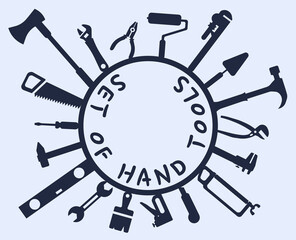 Icon set of hand tools. Hand tool. Set of hand tools or tools icons. Dark tool icons.