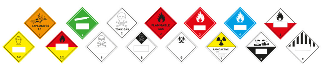 Signs of dangerous goods. Warning sign. Hazard transportation icons.