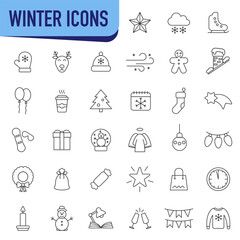 Winter icons. Christmas and New Year icons. Set of Christmas icons. Thin line icons.