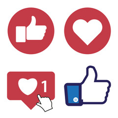 Thumb up and heart icon. Like notification icon. Social network app icon. Vector illustration.