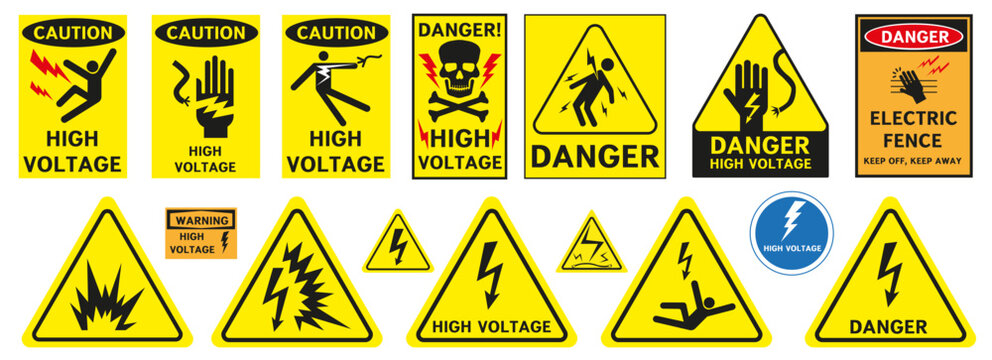 High voltage danger signs. Prevention of injury from high voltage. Vector graphics.