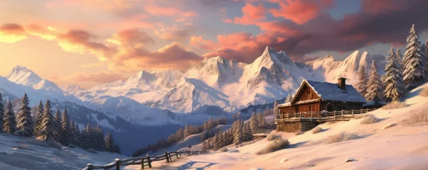 Foto op Plexiglas Cozy cabin in wild nature. Landscape covered with snow. Winter concept. © Simona