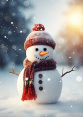 Cute snowman on a snowy background. Generative AI.
