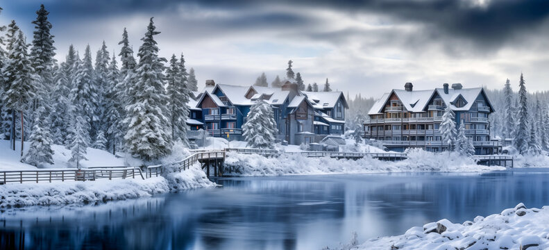 Mountain ski resort with snow in winter. Snow covered chalet in the mountains
