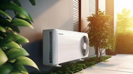 futuristic air conditioning installed outside of modern house, heat system, carbon neutral, sustainable a/c