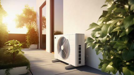 futuristic air conditioning installed outside of modern house, heat system, carbon neutral, sustainable a/c