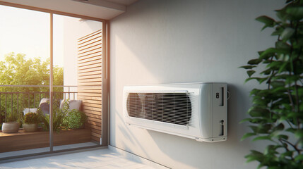 futuristic air conditioning installed outside of modern house, heat system, carbon neutral, sustainable a/c