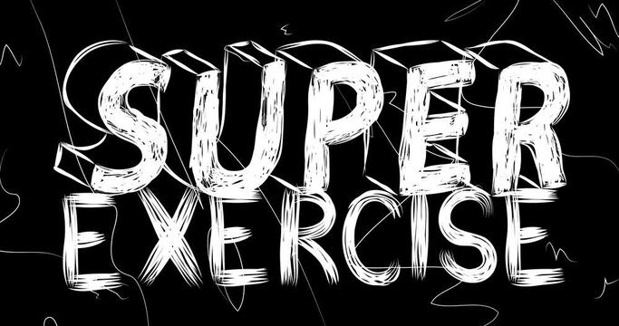 Super Exercise word animation of old chaotic film strip with grunge effect. Busy destroyed TV, video surface, vintage screen white scratches, cuts, dust and smudges.
