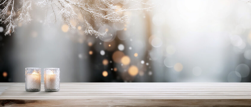 Side view of an empty white wooden table top with a gentle blurred soft light background. Bokeh effect. Christmas, holiday concept with candles