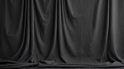 Black curtain, linen fabric texture. Abstract background of textile for design, template, canvas or backdrop