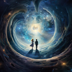 Galactic Love Portal Connecting Distant Star-Crossed Souls Concept Illustration
