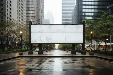 A large empty advertising poster, a mock-up of a Billboard in front of a building in the city, with space for copying, Advertising - Powered by Adobe
