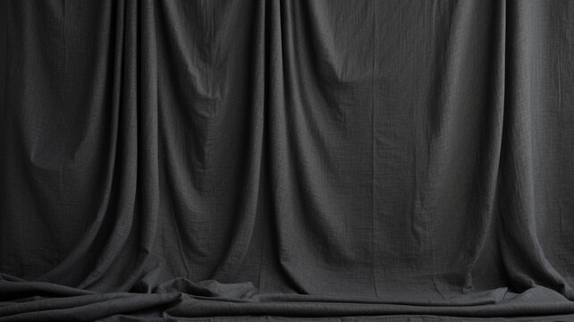 Black curtain, linen fabric texture. Abstract background of textile for design, template, canvas or backdrop