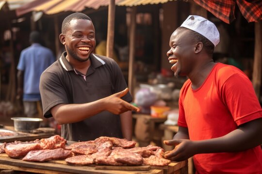 Two Ugandan men at a street food stand at a local market in Uganda Generative Ai