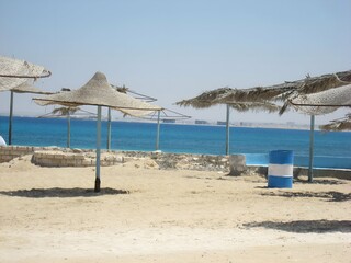beach with umbrellas and chairs and clear sky 