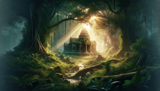 Enigmatic image of an ancient overgrown temple in a dense jungle, with sunlight breaking through, symbolizing discovery and exploration
