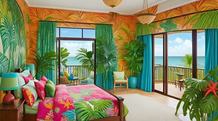 tropical paradise with a vibrant and exotic bedroom, featuring lush greenery, colorful patterns, and a breathtaking view of the ocean.