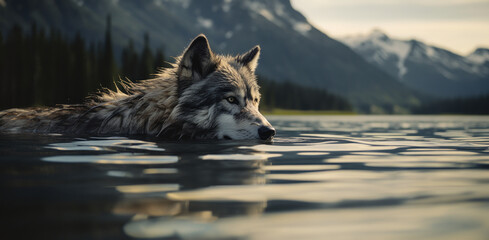 Ein Wolf schwimmt in einem Bergsee - obrazy, fototapety, plakaty