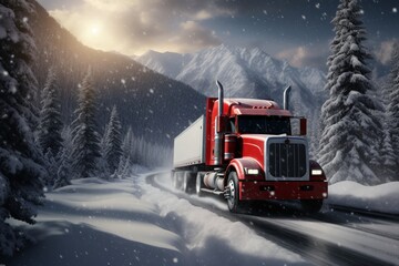 Red Truck drives through the snow on an icy road Generative Ai - obrazy, fototapety, plakaty