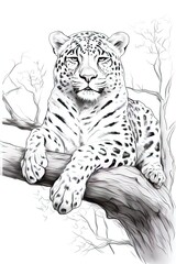 A leopard is sitting on a tree branch. Children's coloring book, Black and white illustration. Picture. Design.
