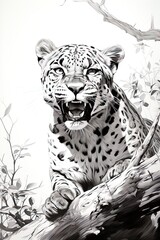 A leopard is sitting on a tree branch. Children's coloring book, Black and white illustration. Picture. Design.