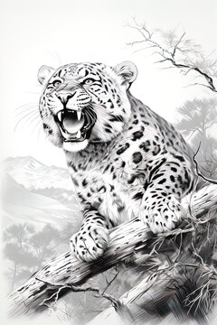 A leopard is sitting on a tree branch. Children's coloring book, Black and white illustration. Picture. Design.