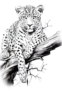 A leopard is sitting on a tree branch. Children's coloring book, Black and white illustration. Picture. Design.