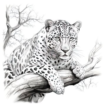 A leopard is sitting on a tree branch. Children's coloring book, Black and white illustration. Picture. Design.