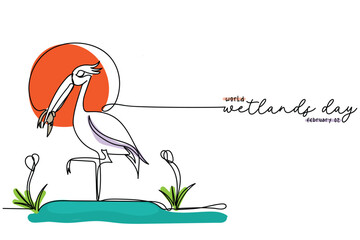  Wetlands Action for People and Nature. continuous line art of world wetlands day that is observed every year on February 2nd. Freshwater, marine and coastal ecosystem concept art. Poster and banner.