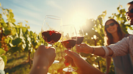 Image of friends drinking wine on a sunny day, beautiful landscape, friendship activity - obrazy, fototapety, plakaty