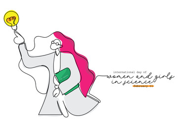 women and girls in science day celebrated every year in february. Agents of change. Role of women in accelerating progress. Continuous line art poster design. Empowerment and gender equality vector
