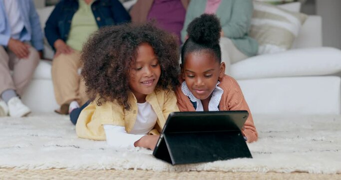 Kids, brother and sister on tablet for learning or streaming educational videos, games or cartoon. Smile, internet or children sibling playing on a website for a test, fun and entertainment in brazil