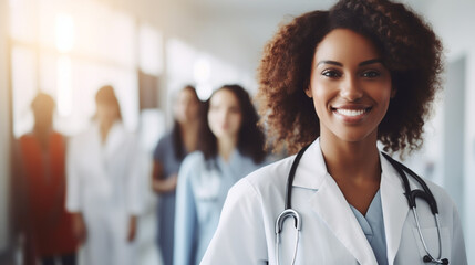 Portrait of smiling female professional doctor physician pediatrician wearing white robe with stethoscope around neck standing in modern private clinic hospital, looking at camera.