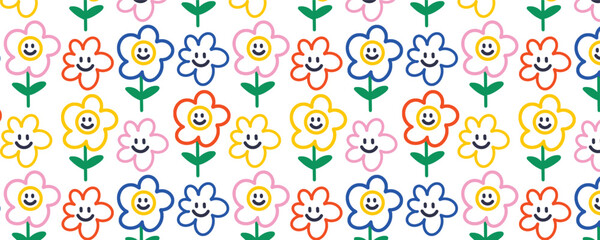 Vector fun line funny flower colorful seamless pattern background