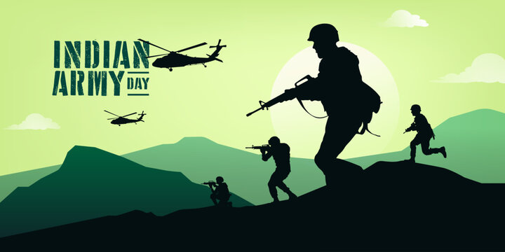 Indian Army Day, Military illustration, army background, soldiers silhouettes.
