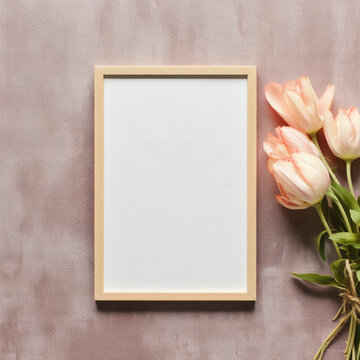 Minimal composition with blank white Photo Frame and flowers on a pink pastel background. Layout empty background with copy space. Happy mother's and valentine's day. Mockup
