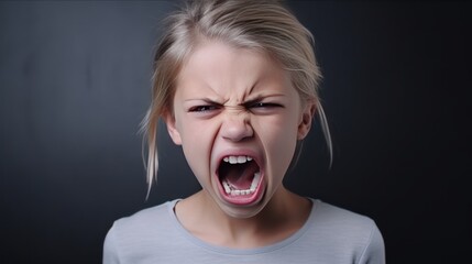 Angry irritated girl. Full of rage. Emotional portrait of an upset preteen boy screaming in anger. Requirements for parents. Wrong perception. Hysterics.