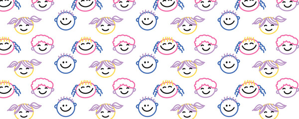 Vector line doodle funny children face colorful seamless pattern background