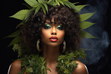 portrait of a black girl with marijuana cannabis leaves. Concept of medical use of ganja and relaxation
