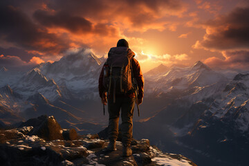 A tourist walks through the snow-capped mountains against the backdrop of an incredible sunset....